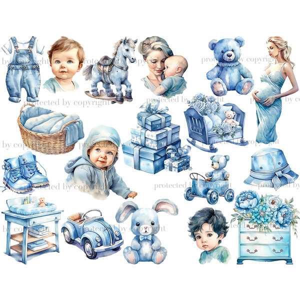 Baby Boy White Clipart. White boys in blue clothes, a child with a mother in her arms, a pregnant girl in a blue dress, blue children's toys - a car, a teddy be