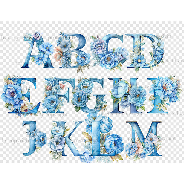 Blue Flowers Alphabet. Watercolor blue floral alphabet letters. Floral blue peonies font for 1st Birthday invitations letters A, B, C, D, E, F, G, H, I, J, K, L