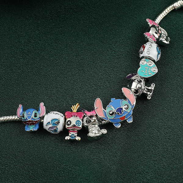 Disney Lilo and Stitch Charm Bracelet Cartoon Cute Stitch Jewelry DIY  Stitch Crystal Pendant Beads Bangle for Women Accessories