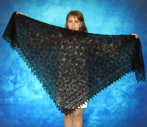 Hand knit black Russian Orenburg shawl, Embroidered wool wrap, Goat down warm cover up, Wedding cape, Bridal stole, Mourning kerchief, Gift for mom.JPG