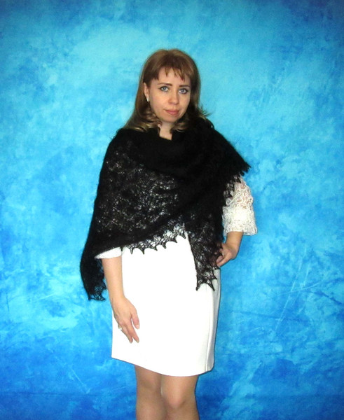 Hand knit black Russian Orenburg shawl, Embroidered wool wrap, Goat down warm cover up, Wedding cape, Bridal stole, Mourning kerchief, Gift for grandma.JPG