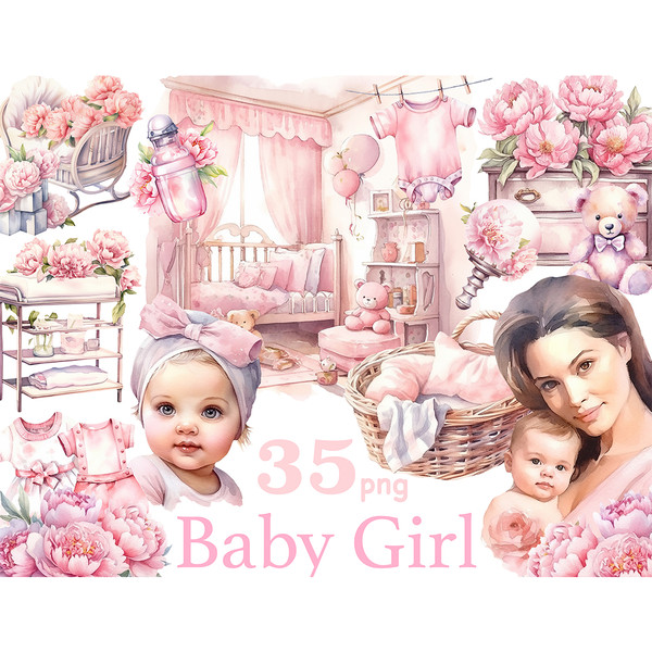 Baby Girl White Clipart. Watercolor white girl, white girl in her mother's arms, pink baby toys and pink clothes, baby feeding bottle, baby bed with pink peonie