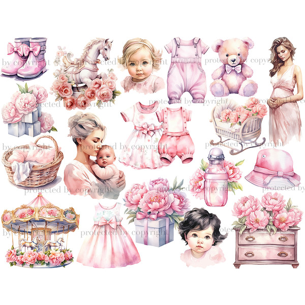 Baby Girl White Clipart. Watercolor white blonde and brunette girls, white baby girl in mother's arms, pregnant girl in pink dress, pink baby toys and pink clot