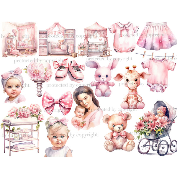 Baby Girl White Clipart. Watercolor white girls, a white baby girl in her mother's arms, a stroller with a girl and pink flowers, a pink rattle, pink interiors