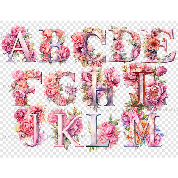 Pink Flowers Alphabet. Watercolor pink floral alphabet letters. Floral pink peonies font for 1st Birthday invitations letters A, B, C, D, E, F, G, H, I, J, K, L
