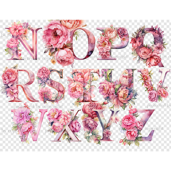 Pink Flowers Alphabet. Watercolor pink floral alphabet letters. Floral pink peonies font for 1st Birthday invitations letters N, O, P, Q, R, S, T, U, V, W, X, Y