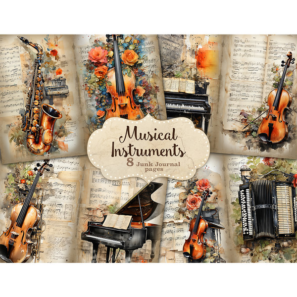Musical Instruments Junk Journal Pages and Music Sheets With Notes. Watercolor vintage musical instruments, saxophone, violin, piano, accordion. Floral composit