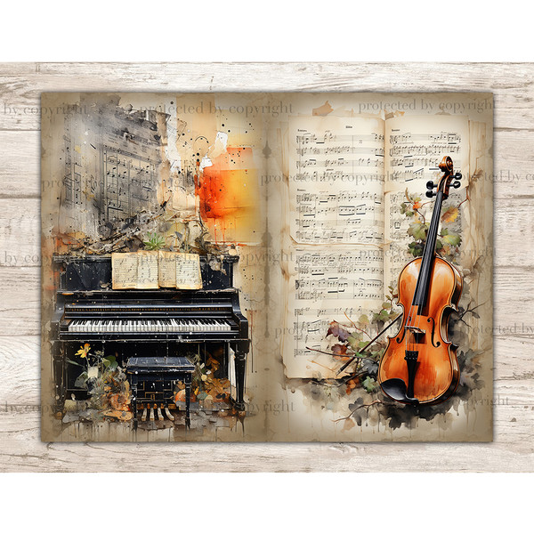 Musical Instruments Junk Journal Pages and Music Sheets With Notes. Watercolor vintage piano and violin on the background of old Music Sheets with notes.