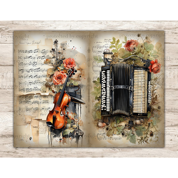 Musical Instruments Junk Journal Pages and Music Sheets With Notes. Watercolor vintage accordion and violin in floral compositions on the background of old Musi