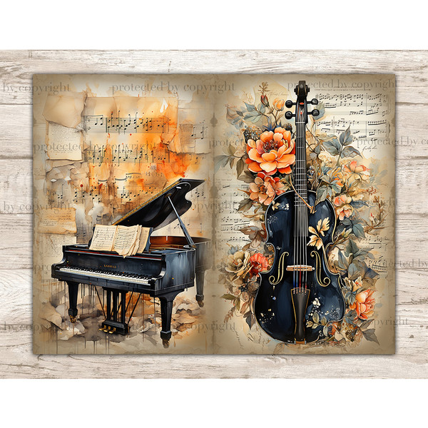 Musical Instruments Junk Journal Pages and Music Sheets With Notes. Watercolor vintage piano and violin in floral compositions on the background of old Music Sh
