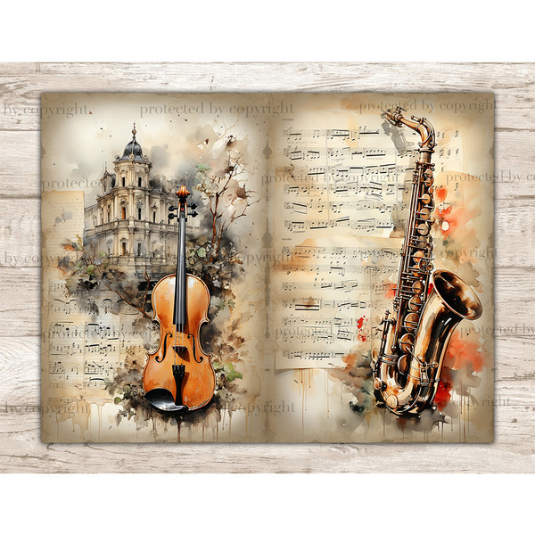 Musical Instruments Junk Journal Pages and Music Sheets With Notes. Watercolor vintage saxophone and violin on the background of old Music Sheets with notes and