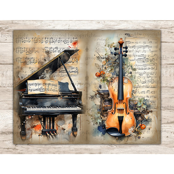 Musical Instruments Junk Journal Pages and Music Sheets With Notes. Watercolor vintage piano and violin on the background of old Music Sheets with notes.