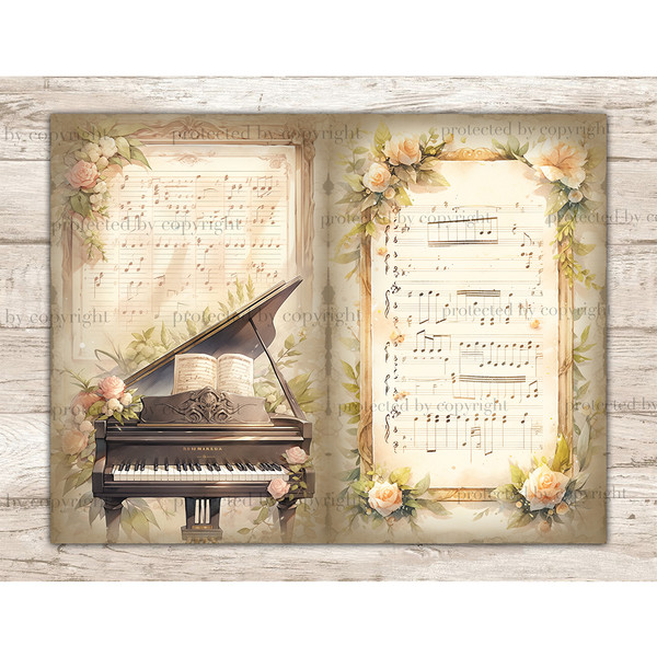 Music Junk Journal Pages and Decoupage Handwritten Music Notes. Watercolor Vintage Piano with Frame Floral Arrangements on Old Music Vintage Sheets with Notes.