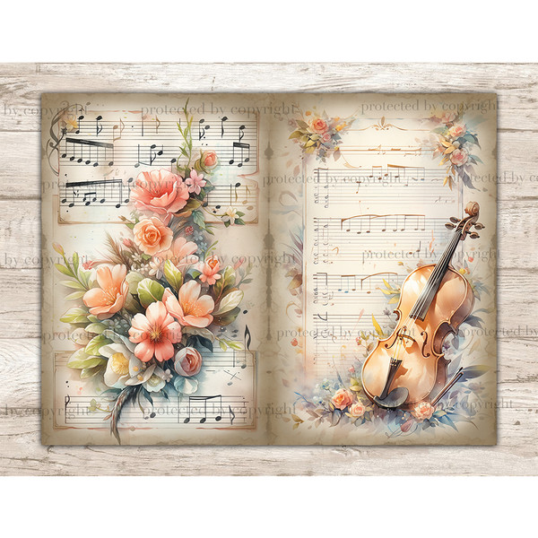 Music Junk Journal Pages and Decoupage Handwritten Music Notes. Watercolor Vintage Violin with Floral Arrangements on Old Music Vintage Sheets with Notes.