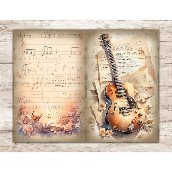 Music Junk Journal Pages and Decoupage Handwritten Music Notes. Watercolor vintage guitar with floral arrangements on old Music Vintage Sheets with sheet music.