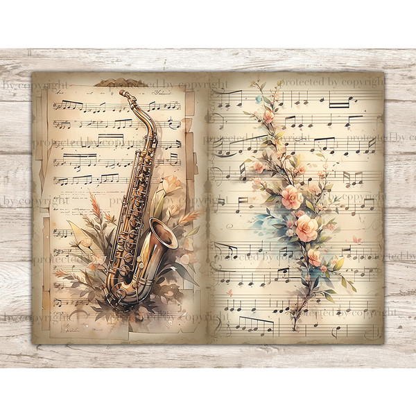 Music Junk Journal Pages and Decoupage Handwritten Music Notes. Watercolor Vintage Saxophone with Floral Arrangements on Old Music Vintage Sheets with Notes.