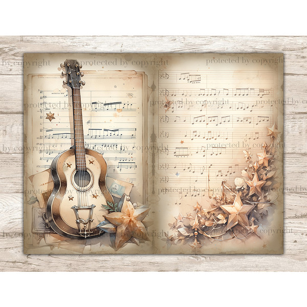 Music Junk Journal Pages and Decoupage Handwritten Music Notes. Watercolor vintage guitar with stars composition on old Music Vintage Sheets with sheet music.