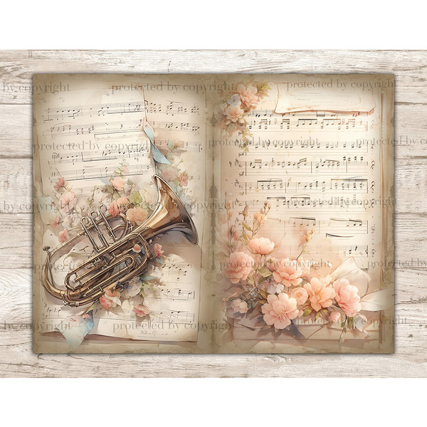 Music Junk Journal Pages and Decoupage Handwritten Music Notes. Watercolor vintage trumpet with floral compositions on the background of old Music Vintage Sheet