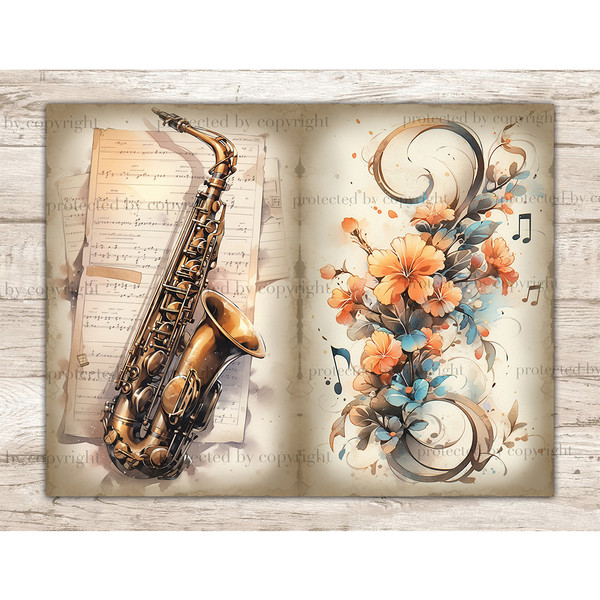 Music Junk Journal Pages and Decoupage Handwritten Music Notes. Watercolor vintage saxophone with floral compositions on the background of old Music Vintage She
