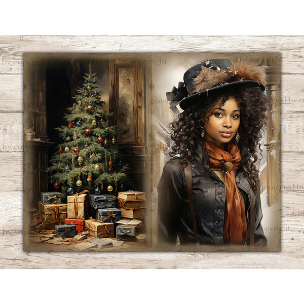 Victorian Christmas Black Junk Journal Pages. A black girl with a Victorian hat, a gray shirt and an orange scarf around her neck and earrings on the rings. Roo