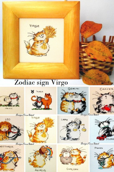 Zodiac Sign Virgo, Embroidered Finished Picture Ginger Cat, Birthday Gift for Virgo, Funny Cats Cross Stitch.jpg