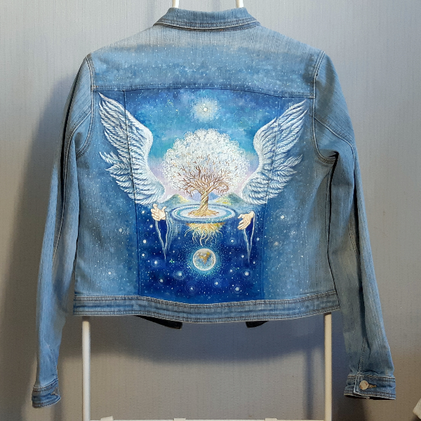 women denim jacket hand painted , painted jean clothes,Designer drawing  Angel protecting the tree of life  (1).jpg