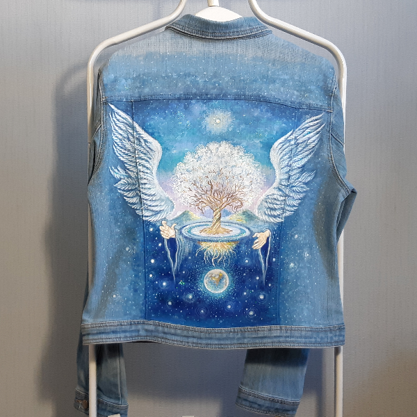 women denim jacket hand painted , painted jean clothes,Designer drawing  Angel protecting the tree of life  (2).jpg