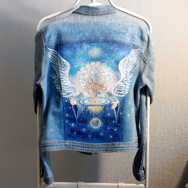 women denim jacket hand painted , painted jean clothes,Designer drawing  Angel protecting the tree of life  (9).jpg