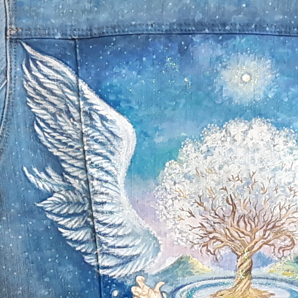 women denim jacket hand painted , painted jean clothes,Designer drawing  Angel protecting the tree of life  (5).jpg