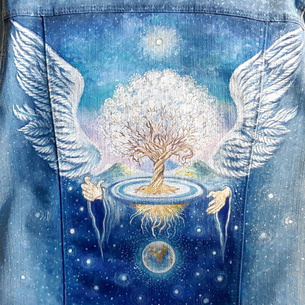 women denim jacket hand painted , painted jean clothes,Designer drawing  Angel protecting the tree of life  (4).jpg