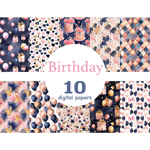 Bundle of pink and blue Birthday Papers, Gift Box seamless patterns, Navy Blue patterns, Pink digital papers, Happy Birthday printable paper, Party digital back