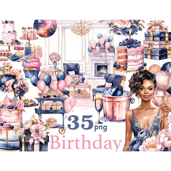 Birthday Black Clipart. Black brunette birthday girl in a blue dress with a glass of champagne in her hands, multi-tiered pink and blue cakes, birthday party ba