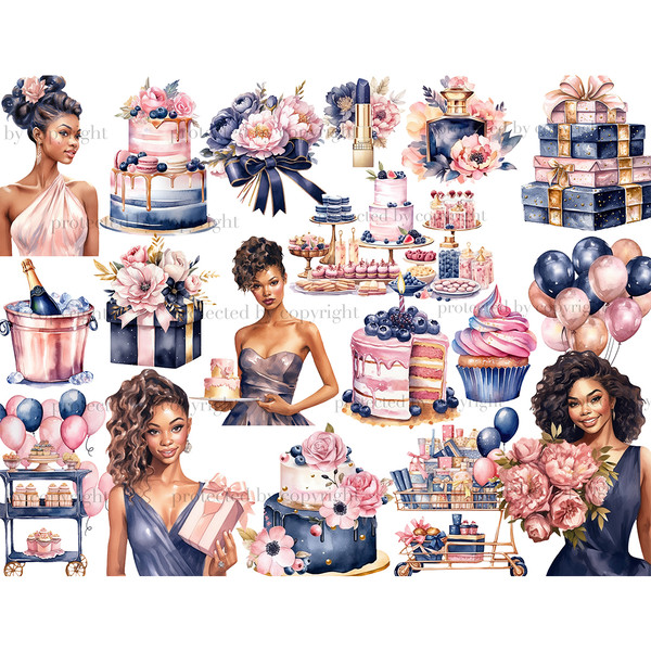 Birthday Black Clipart. Brunette, red-haired and brown-haired birthday girls in blue dresses with gifts and flowers in their hands. Pink Blue Cakes Gifts Perfum