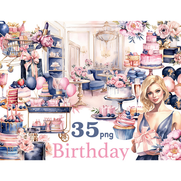 Birthday White Clipart. Blond birthday girl in blue dress with pink gift in her hands, multi-tiered pink and blue cakes, birthday party balloons, basket cart wi