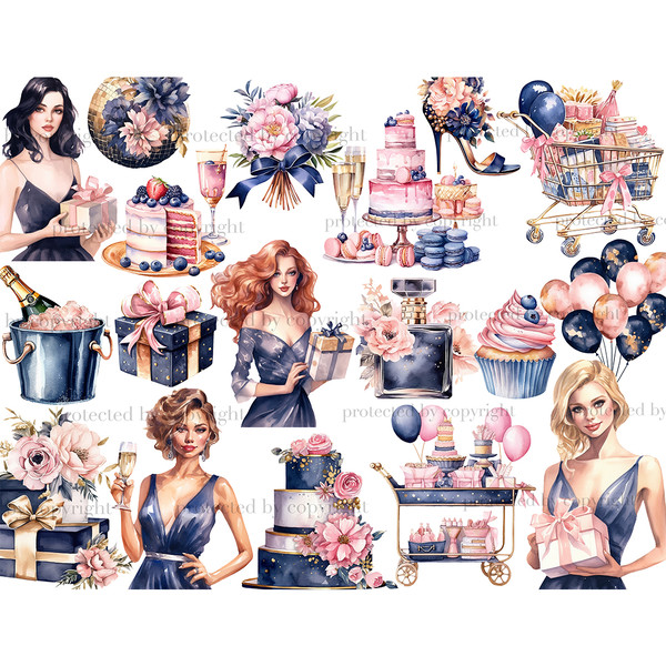 Birthday White Clipart. Blonde, brunette, red-haired birthday girls in blue dresses with gifts and champagne in their hands. Pink Blue Cakes Gifts Perfume Champ