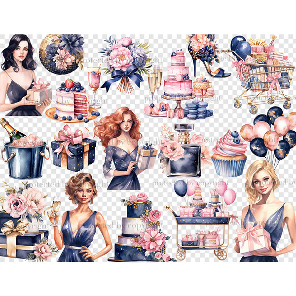 Birthday White Clipart. Blonde, brunette, red-haired birthday girls in blue dresses with gifts and champagne in their hands. Pink Blue Cakes Gifts Perfume Champ