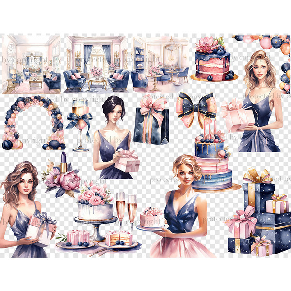 Birthday White Clipart. Blonde, brunette, red-haired birthday girls in blue dresses with gifts. Pink and blue cakes, gifts, bows, balloon arch, lipstick, champa