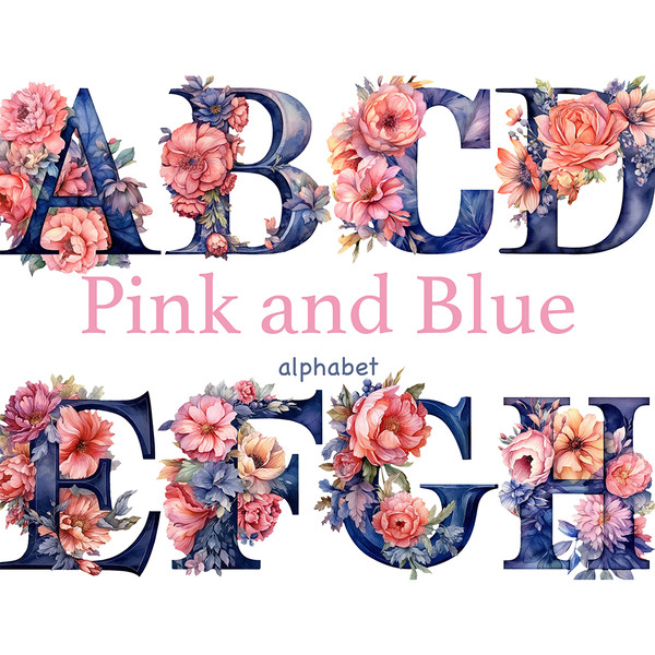 Pink and Blue Alphabet. Watercolor floral alphabet letters. Floral pink peonies blue font for Birthday invitations letters A, B, C, D, E, F, G, H. Happy Birthda