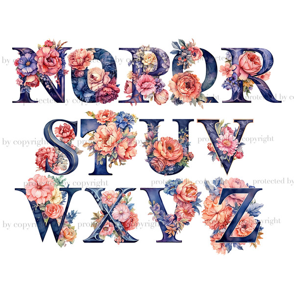 Pink and Blue Alphabet. Watercolor floral alphabet letters. Floral pink peonies blue font for Birthday invitations letters N, O, P, Q, R, S, T, U, V, W, X, Y, Z