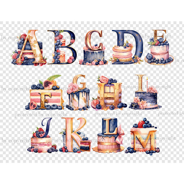 Birthday Cake Alphabet. Pink and blue font for Birthday invitations letters A, B, C, D, E, F, G, H, I, J, K, L, M. Watercolor pink and blue Happy Birthday alpha