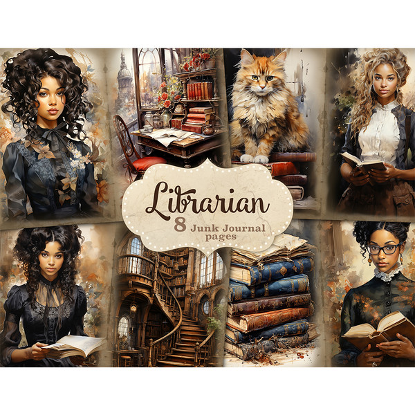Librarian Junk Journal Page. Young black female librarians are brunette, blonde, and with brown hair in Victorian clothes. Stacks of books with flowers. Vintage