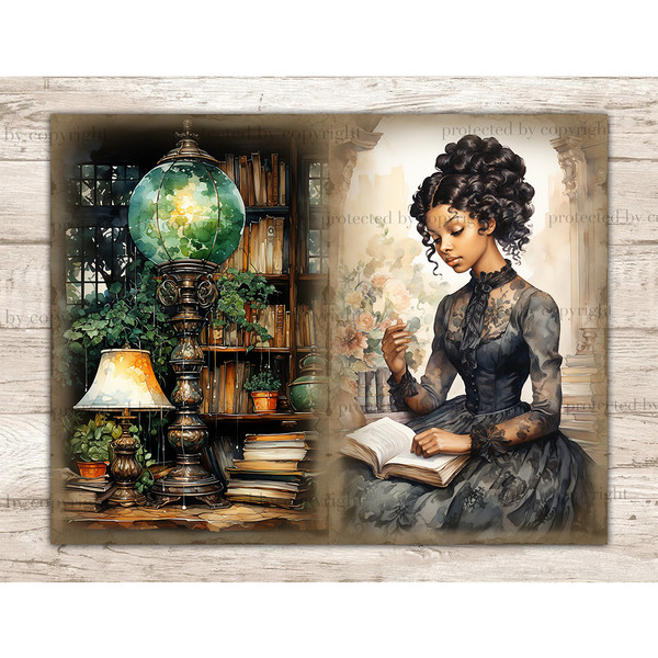Librarian Junk Journal Page. Antique vintage green table lamp and small reading light in the library on the table. A young black beautiful brunette girl librari