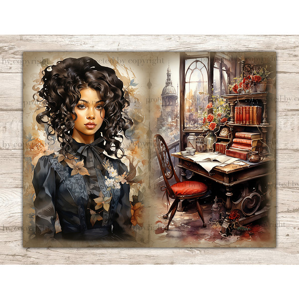 Librarian Junk Journal Page. A young black beautiful brunette girl librarian in a blue Victorian dress decorated with flowers. An old reading table with old boo