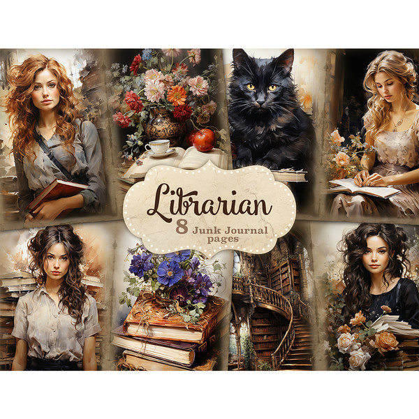 Librarian Junk Journal Page. Young female librarian with redhead, blonde, brunette and brown hair in Victorian clothes. Stacks of books with flowers. Vintage st