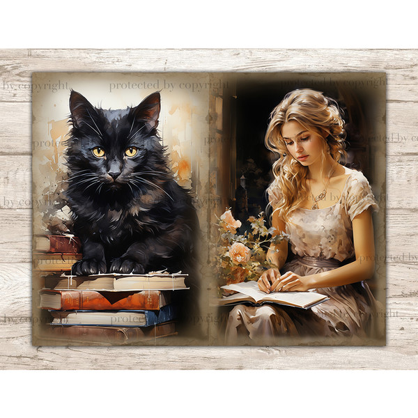 Librarian Junk Journal Page. Black cat on a stack of books. A young blonde bookworm in a Victorian dress sits with a book on her lap and reads it. Orange flower