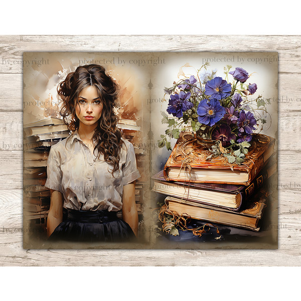 Librarian Junk Journal Page. A young girl librarian with brown hair in a Victorian beige shirt and a black skirt against the background of stacks of books. Stac