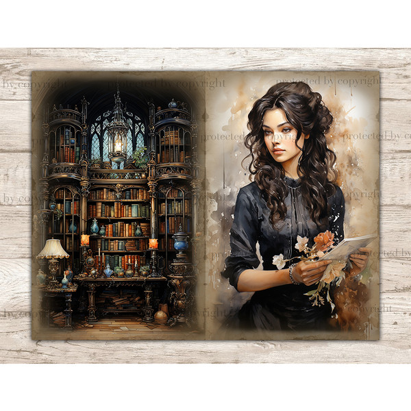 Librarian Junk Journal Page. Young brunette girl librarian in a Victorian black dress with a book and a beige rose in her hands. Vintage antique library with go