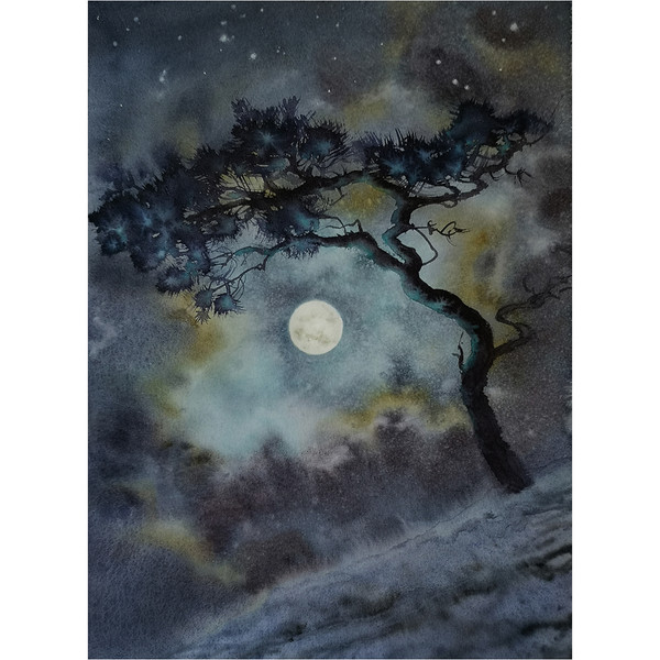 Pine Tree Landscape on a Rock against a Full Moon Backdrop watercolor by olga beliaeva.jpg