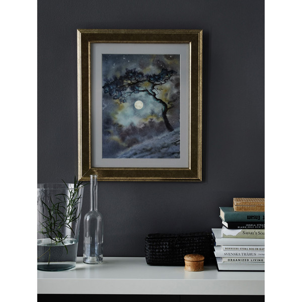 Pine Tree Landscape on a Rock against a Full Moon Backdrop watercolor by olga beliaeva frame.jpg