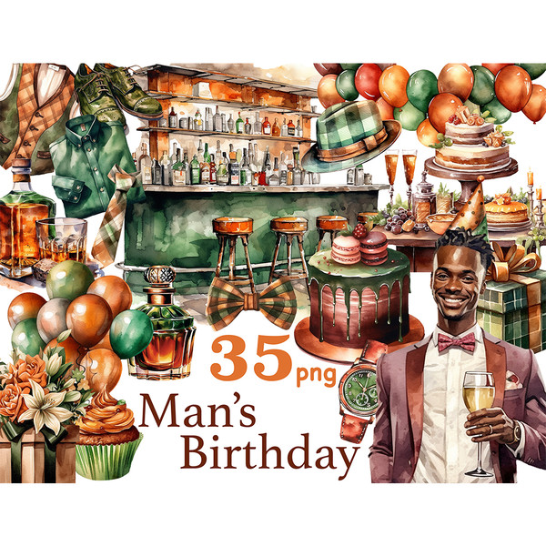 Mans Birthday Black Clipart. A black male birthday man in a tuxedo with a glass of champagne in his hands celebrates his birthday. Irish bar interior with bar a